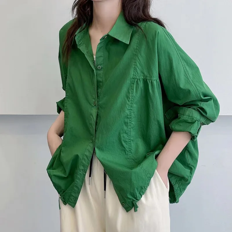 Retro Literary Loose Solid Color Shirt Women 2023 Autumn New Loose Design Top Camisas De Mujer