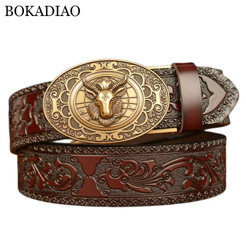 BOKADIAO New Men Genuine Leather Belt Luxury Aries Gold Metal Automatic Buckle Cowhide Belts for Men Jeans Waistband Male Strap