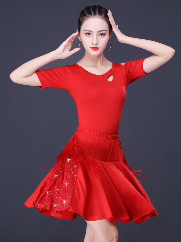 

Adult Women Latin Tops And Skirt Short Sleeved Stage Clothing Ballroom Samba Cha Cha Dancing Practice Costum Dancewear