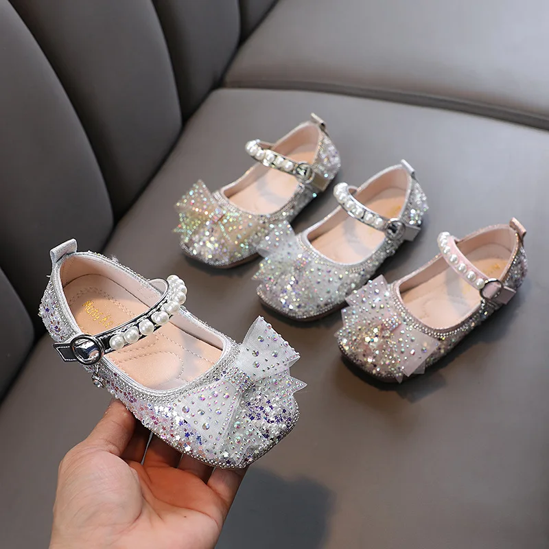 

Girls Performance Shoes Bling Mary Janes Shoes Sliver Beading Wedding Children Baby Princess Fashion Leather Glitter Kids Shoes