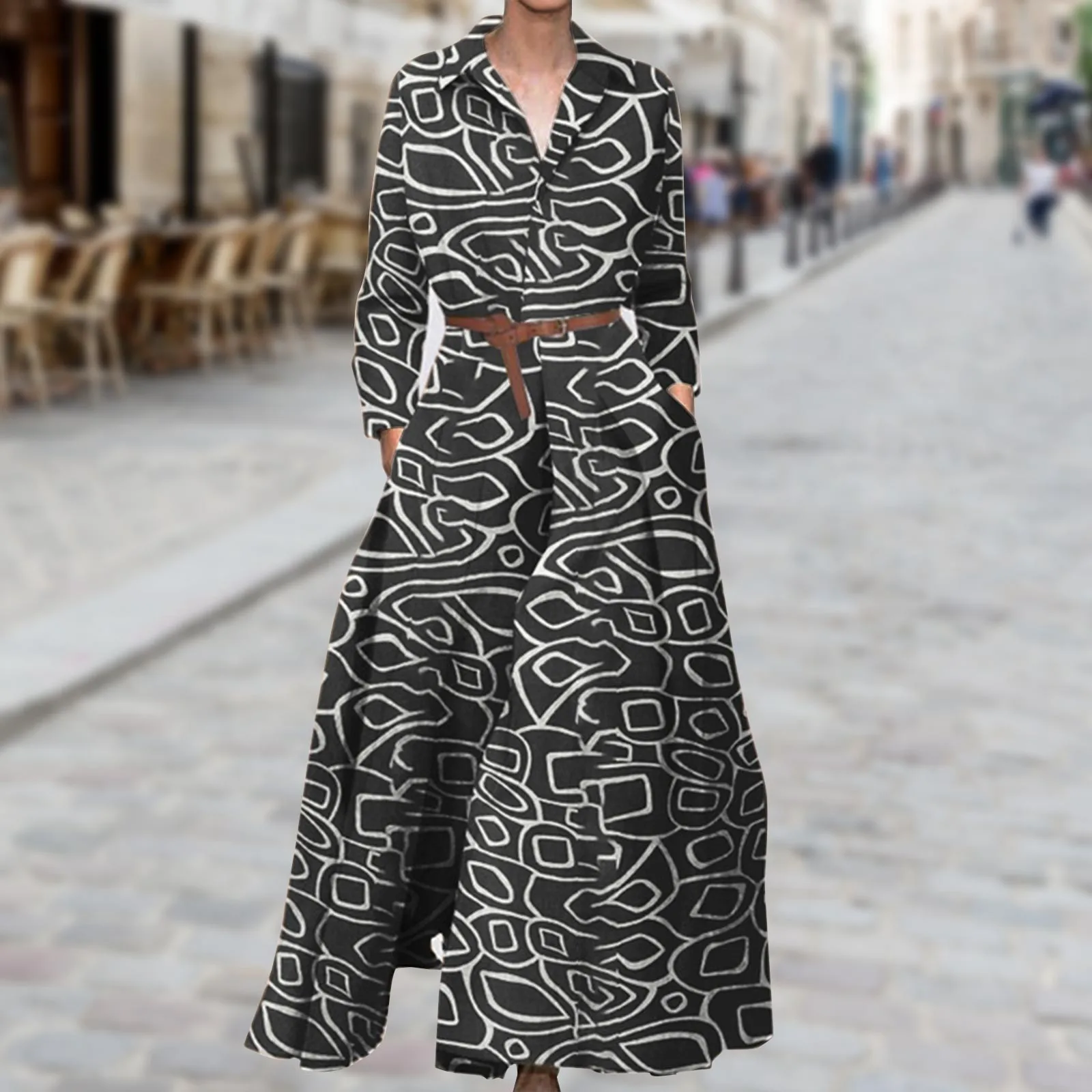 

Элегантное платье-рубашка для женщин 2023 шикарное платье в пол с отложным воротником 2023 осенние платья-Макси с принтом повседневные праздничные платья-трапеции