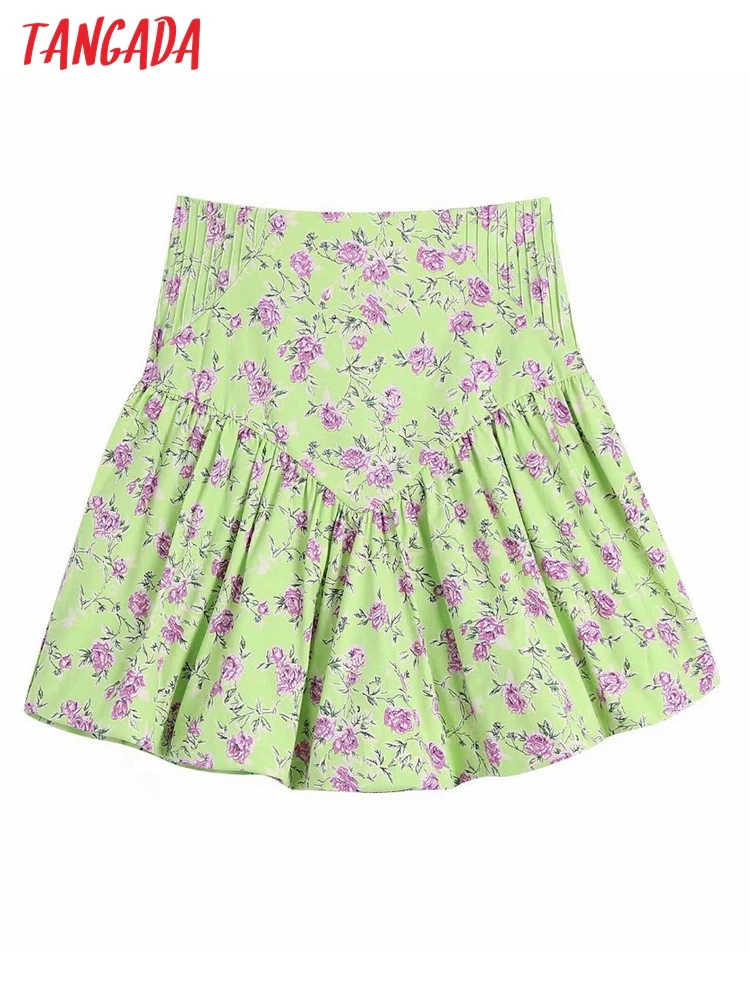 

Tangada Women Green Pleated Floral Print Mini Skirt Vintage High Waist Back Zipper Female Skirts BE521