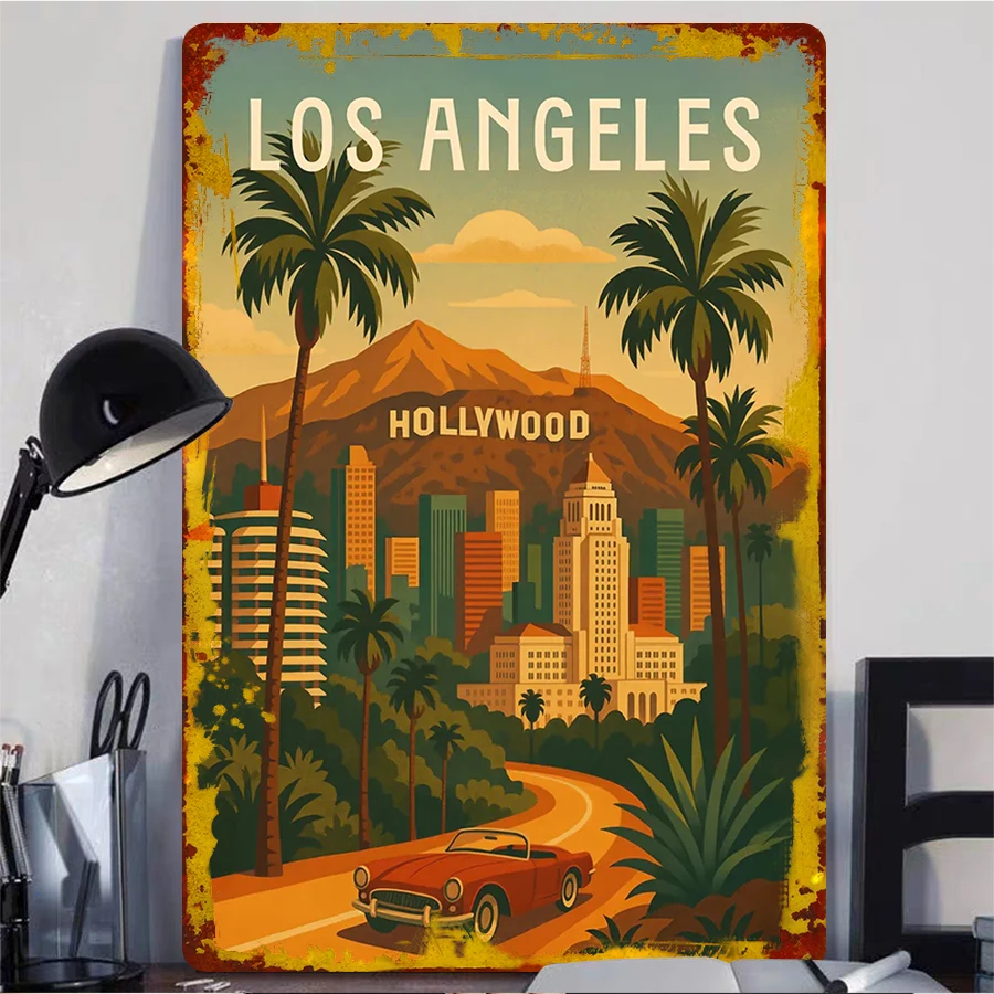 Фото Постер с путешествиями в Лос-Анджелесе – Hollywood Hills & Sunset Skies, жестяные знаки, автомобильный постер, винтажное украшение интерьера, декор для комнаты №2
