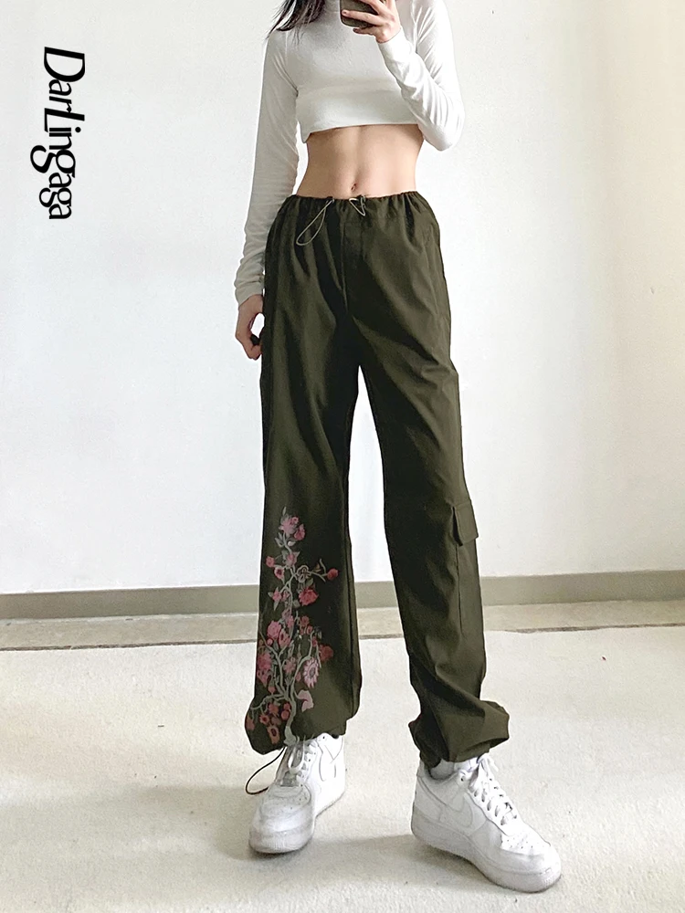 

Darlingaga Harajuku Korean Floral Printed High Waist Pants Women Drawstring Casual Army Green Baggy Trousers Joggers Aesthetic