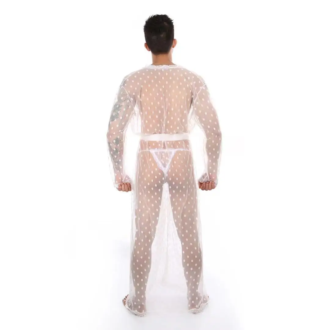 Men's Dot Japanese Kimono Long Lightweight Breathable Silky Sexy Lace Hollow Bathrobe Mopping Transparent Slit With Thong