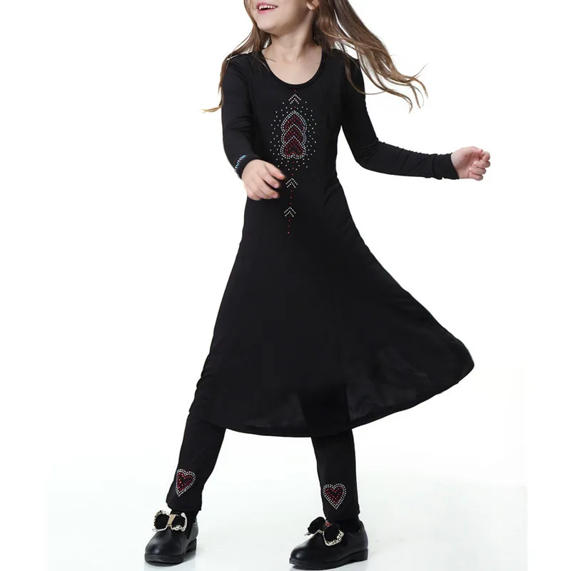 Хиджаб исламский мусульманский для девочек с длинным рукавом платье + брюки Стразы кафтан Abaya халат Дубай детская мусульманская одежда