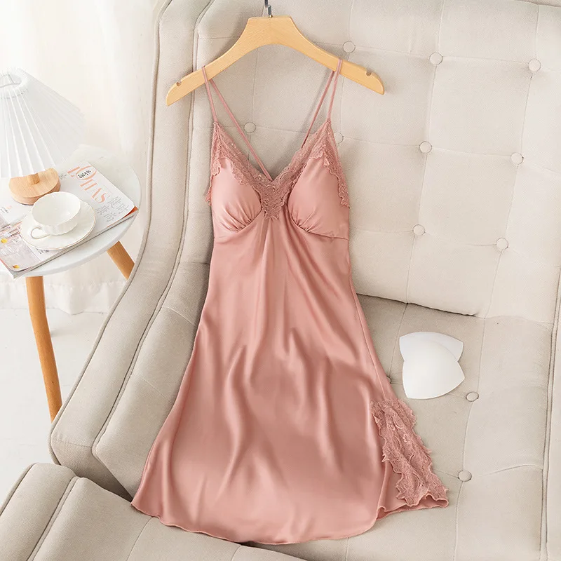 

Satin Deep V-Neck Sleepshirt Women Sexy Full Slip Lace Nightwear Backless Floral Homedress Split Nightgown Baggy Spaghetti Strap