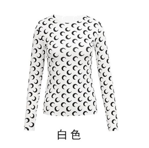 Ice Silk Crescent Moon Print Bodycon T-shirt Slim Top 2021 Summer Women's Round Neck Long Sleeve Tight T-shirt