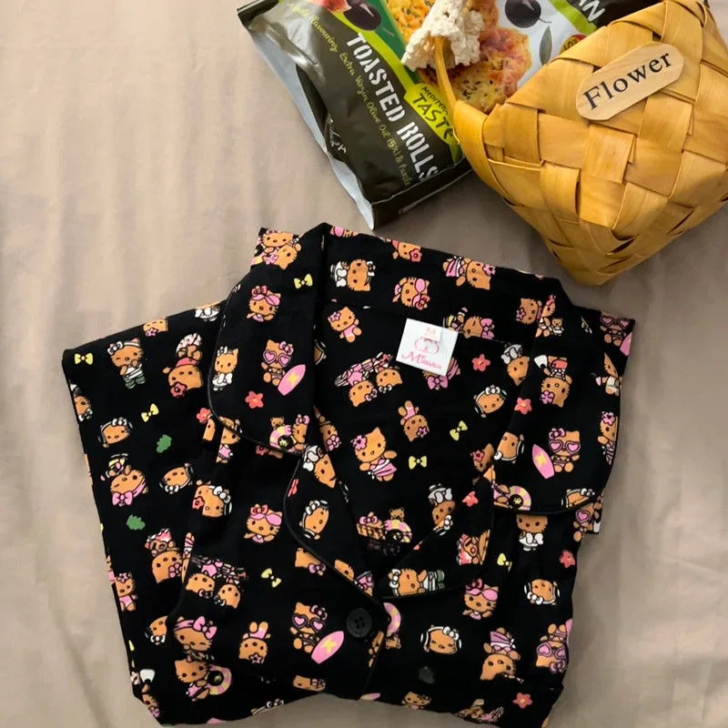 

Женская пижама, милые Мультяшные черные брюки с длинным рукавом, Женская удобная одежда для отдыха, Новинка осени