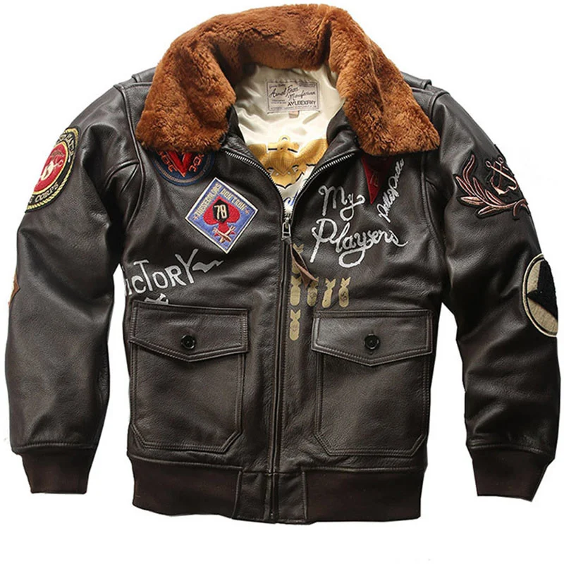 

2022 Genuine Leather Jacket Embroidery Standard Bomber Flight Suit Leather Jacket Men's First Layer Cowhide Leather Jacket