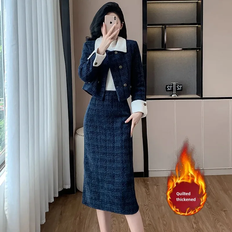 2024 осень/зима твидовый стиль стеганая куртка и подходящая юбка элегантный