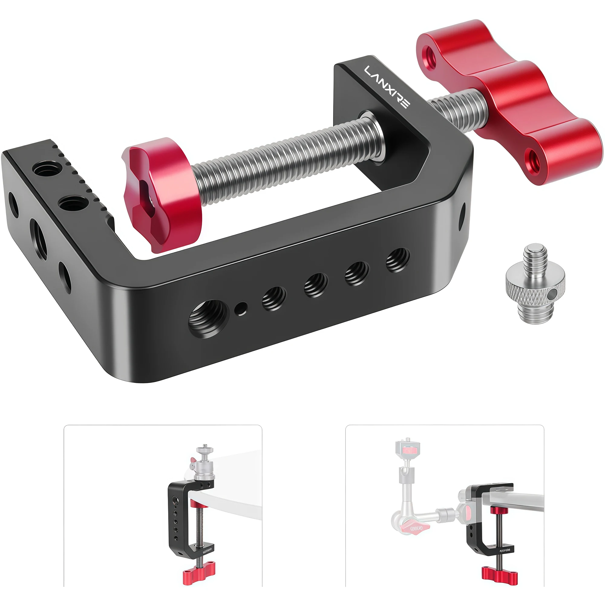 Фото Настольное крепление Lanxire из алюминия типа C-Clamp, резьба 1/4” и 3/8” для DSLR, осветительной стойки, монитора, микрофона, стола, настольной камеры C-Clamp №1
