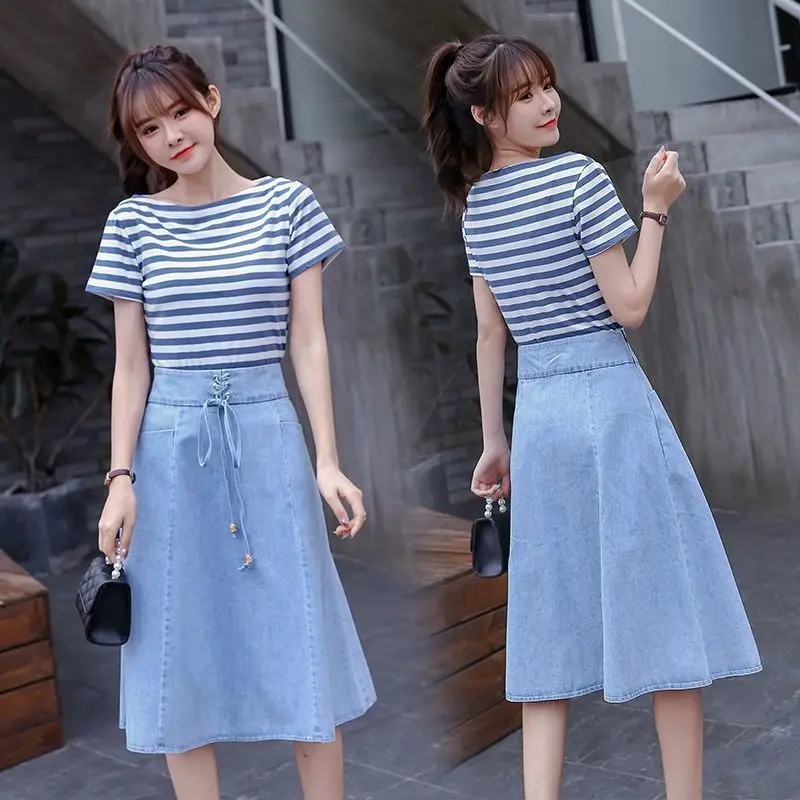 

Summer New Korean Style Fashion 2 Piece Set Women Stripe T-shirt Top + A-Line Jeans Skirts Suit Two Piece Sets Clothing J546
