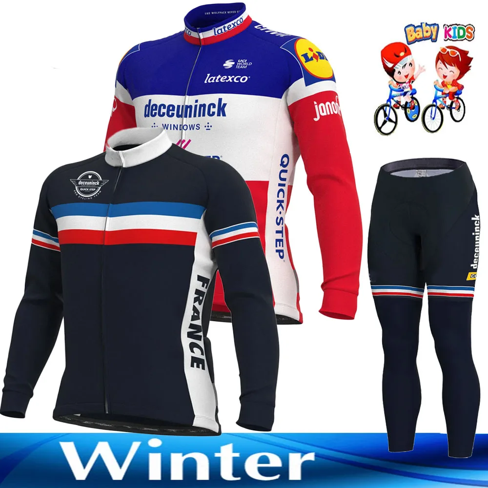 

2021 Kids Quick Step Cycling Jersey Set Winter Boys Girls France Champion Cycling Clothing Long Sleeve Bike Suit MTB Maillot