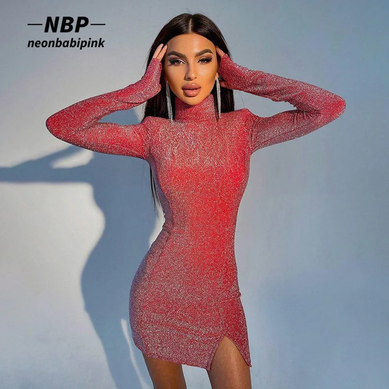 

Сексуальные блестящие облегающие платья NEONBABIPINK с разрезом для женщин, вечерняя Клубная одежда, стильные платья, водолазка с длинным рукаво...