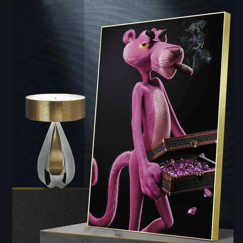 

Businessman Smoking Pink Panther Holding Box Canvas Painting Cool Pink Panther Posters Cartoon Wall Art Picture Room Home Decor