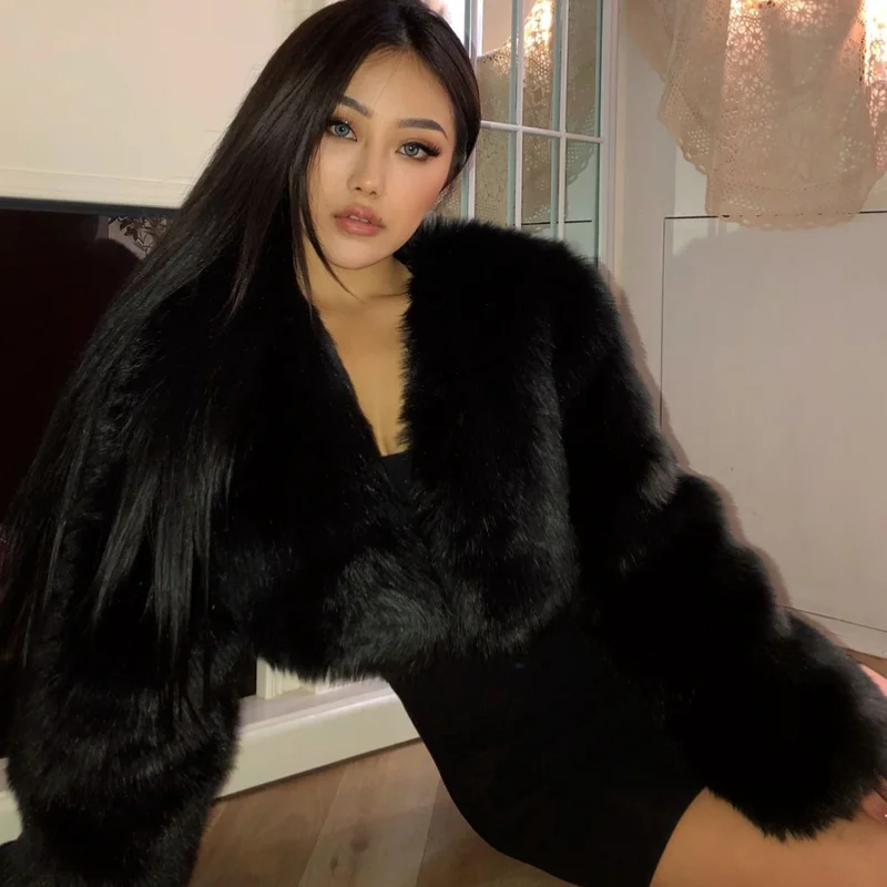 Black Imitation Fox Fur Coat Short Women's Winter Coat Thick Warm High Waist Faux Fox Fur Coat Fluffy Coat New Coats Women