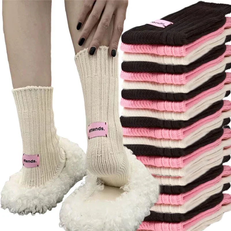 

Men Women Knitted Retro Korean Pink Label Solid Color Spring Autumn Winter Warm Socks Home Mid-tube Cotton Thick Thread Needles