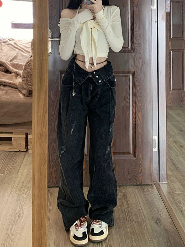 

Y2K Vintage Jeans Women Straight High Waist Straight Denim Trousers 2022 Summer Korean Fashion 90s Gothic Streetwear Baggy Pants