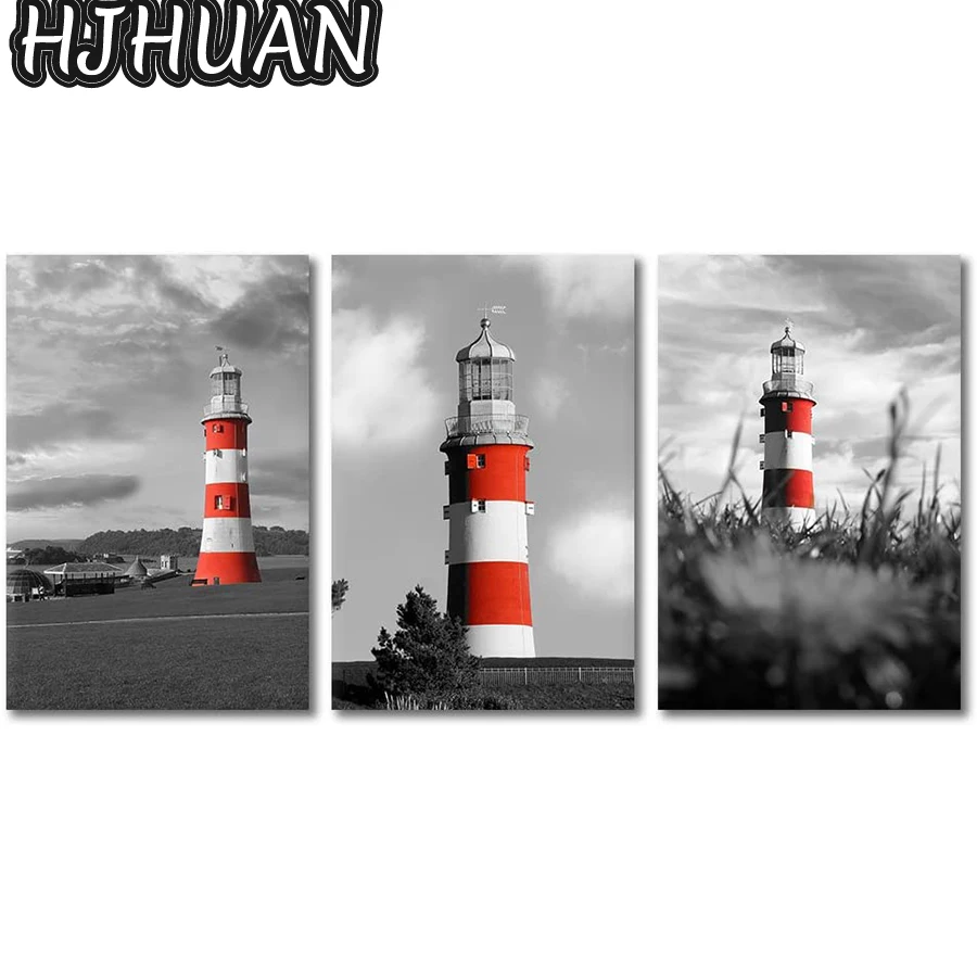 

3pcs Black and white nature landscape, lighthouse full circle diamond painting Mosaic cross stitch Mosaic home decoration