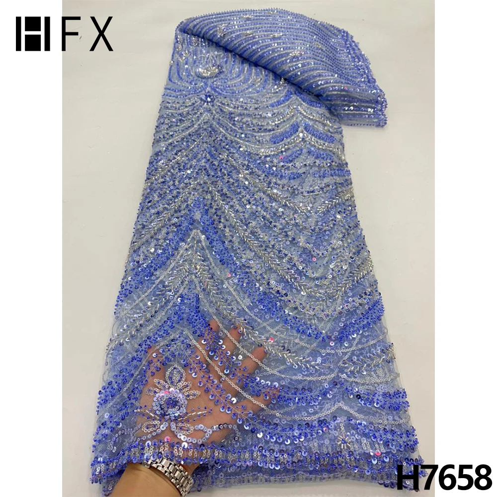 

HFX High Quality Embroidery Sequins beaded Lace Fabric African Lace Fabric With Beads French Tulle Lace Fabric For dress H7658