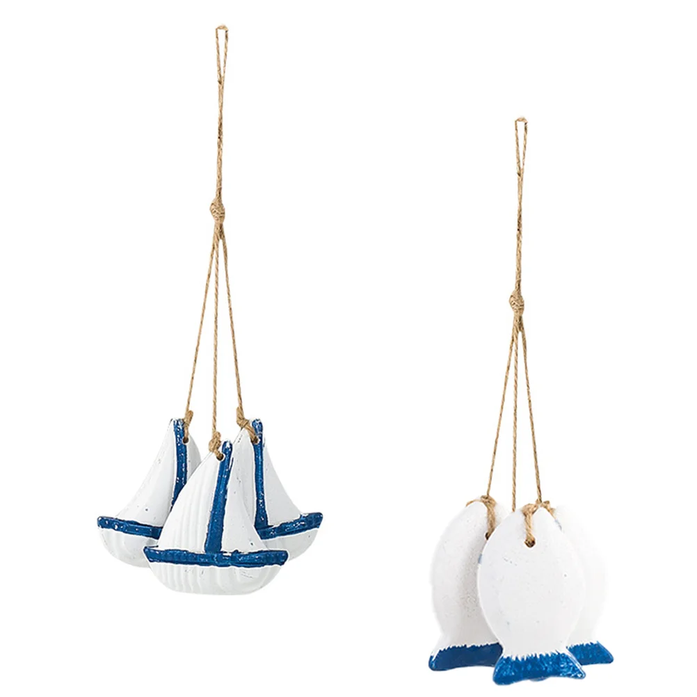 

2pcs Mediterranean Style Hangings Wood Fish Sailboat Hanging with Jute Rope