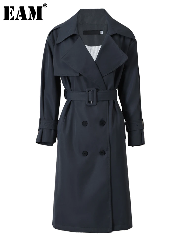 

[EAM] Women Gray Belted Long Big Size Trench New Lapel Long Sleeve Loose Fit Windbreaker Fashion Spring Autumn 2023 1DA757
