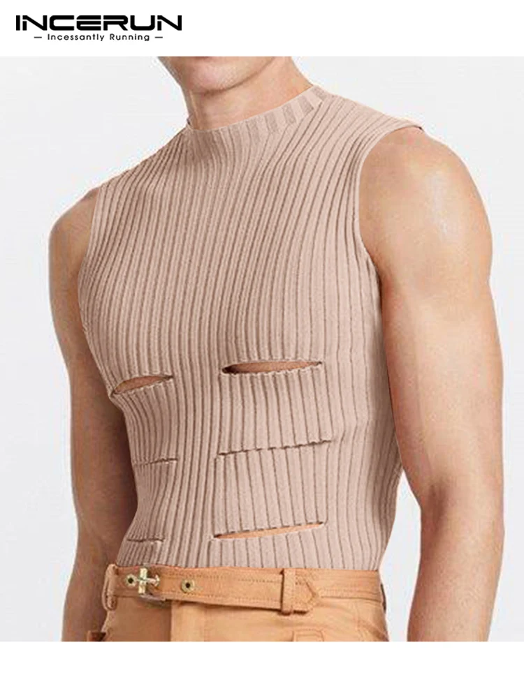

Fashion Men Tank Tops Solid Color O-neck Sleeveless Skinny Hollow Out Vests 2022 Streetwear Casual Men Clothing S-5XL INCERUN