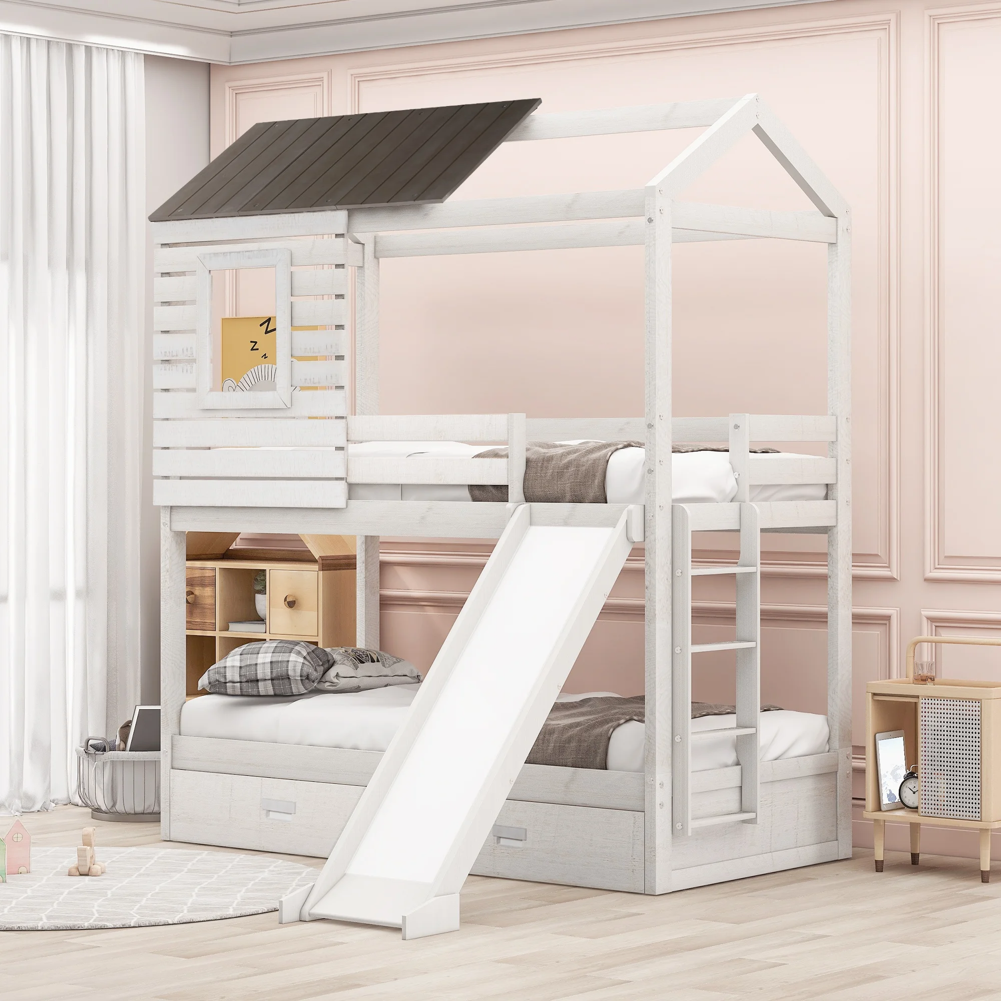 

Home Modern Wooden Bedroom Furniture Beds Frames Bases Twin Bunk Bed Two Storage Drawers Slide House- Shaped Wood Antique White