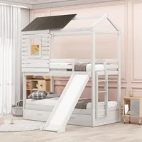 Home Modern Wooden Bedroom Furniture Beds Frames Bases Twin Bunk Bed Two Storage Drawers Slide House- Shaped Wood Antique White