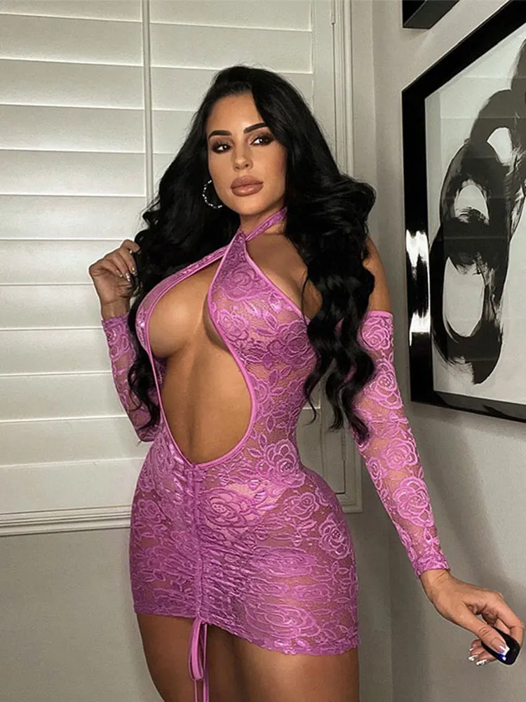 

Party Dress for Women Sexy Lace Hollow Out Summer Women's Mini Dresses Drawstring Halter Female Clothing Off Shoulder Clubwear