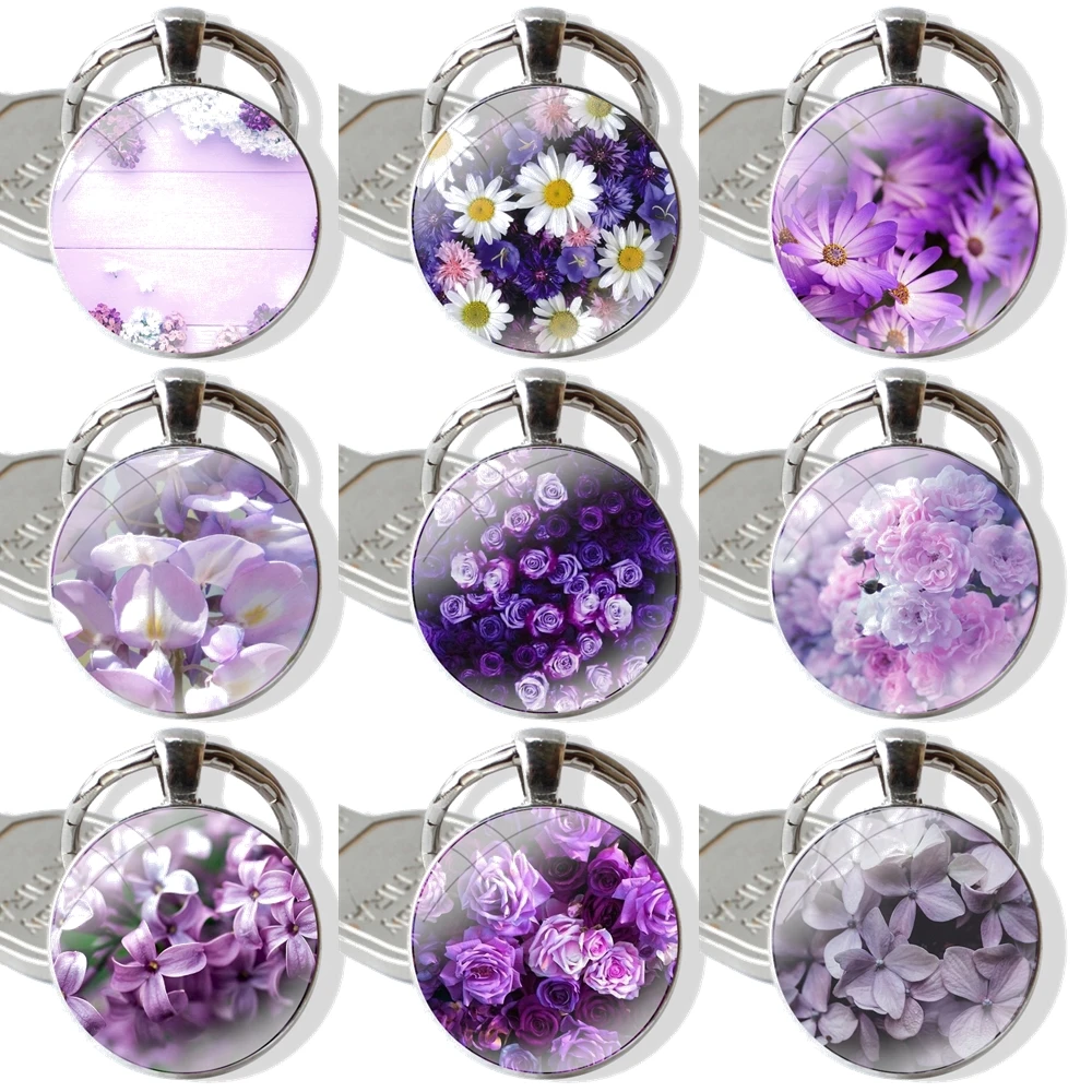 Purple Lilacs Flower Pendant Car Key Chains Handmade Glass Cabochon Keychain Fashion Creative Cartoon Design