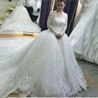 plus size lace long sleeve wedding dresses sheer o neck ball gown appliques arabic wedding gowns vestido de novia bridal dress