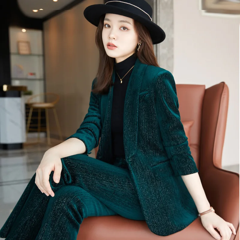 Gold Velvet Small Suit Jacket Female Autumn and Winter 2023 New Fashion Temperament  Green Suit Professional Suit