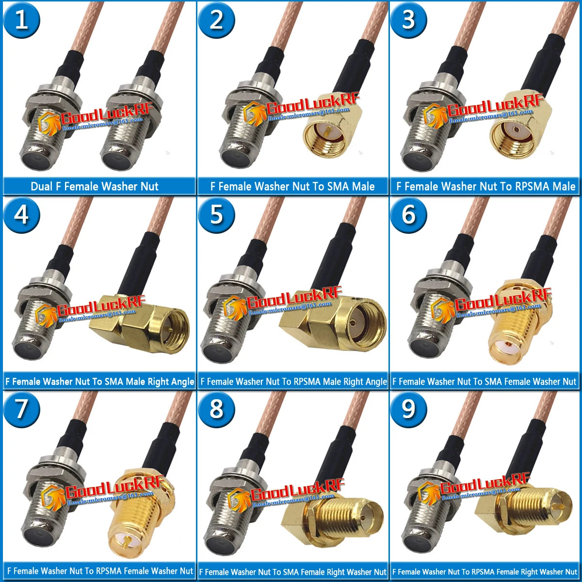 

Kit Set F Female Washer O-ring Bulkhead Mount Nut to F SMA RPSMA Male & Female 90 Degree Plug Pigtail Jumper RG316 Cable