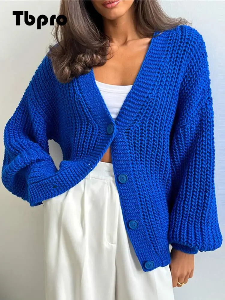 

2022 Women Solid Kintted Cardigan Female Loose Deep V-neck Long Sleeve Sweaters Autumn Ladies Casual High Street Cardigans
