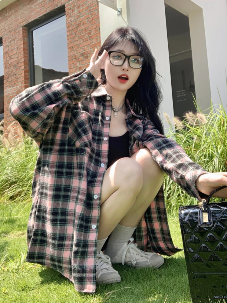 Клетчатые рубашки женские ретро весенние свободные повседневные однобортные