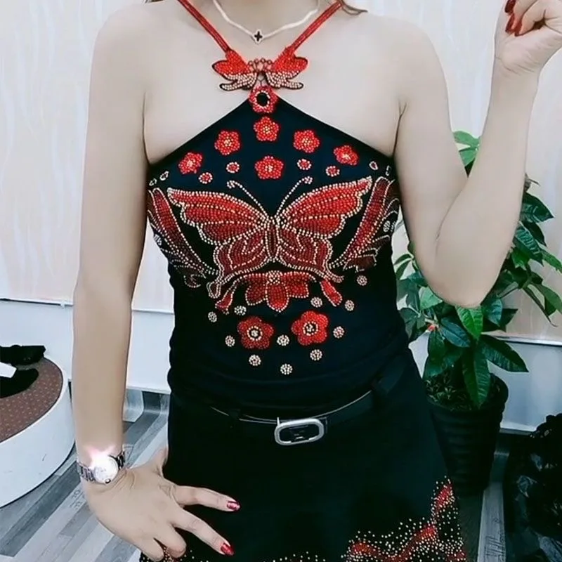 

Модный женский топ с украшениями из драгоценных камней, женский сексуальный топ с бабочкой, Женский Топ Стразы, женские топы с драгоценными камнями