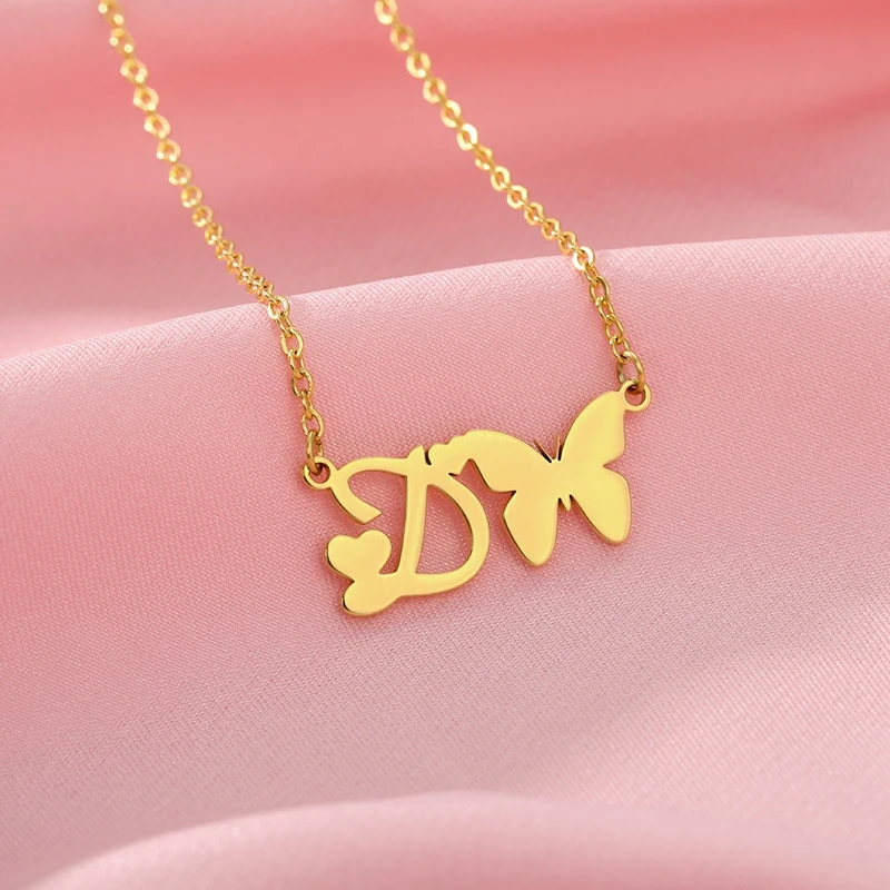 

Cute Trend Butterfly Heart Initials Necklace For Women Charm Letter Jewelry Stainless Steel Chain Pendant Choker Friendship Gift