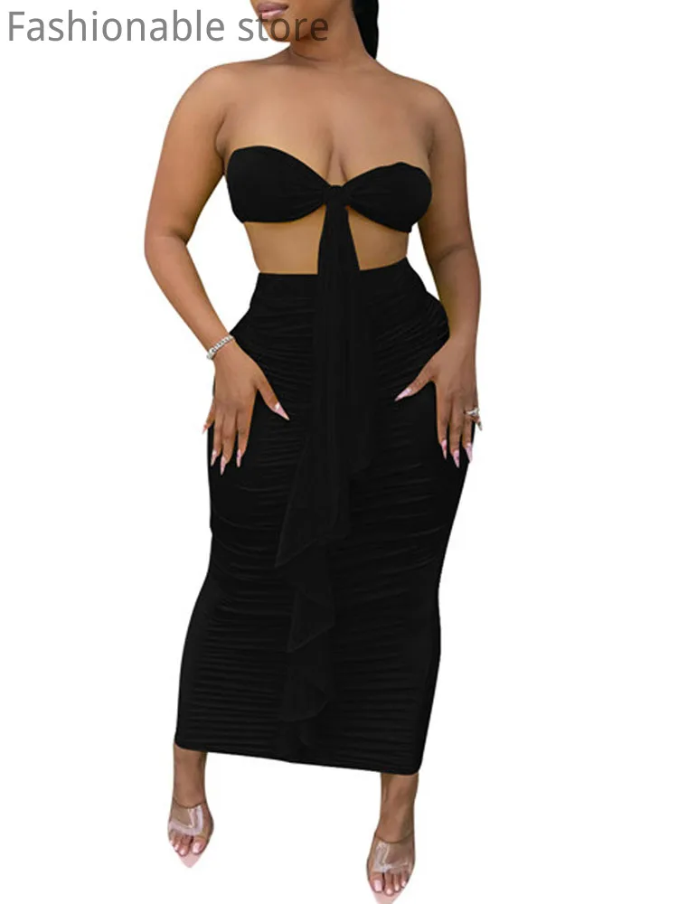 

Women Sexy Bandeau Crop Top And High Waist Pleated Skirts 2 Piece Set