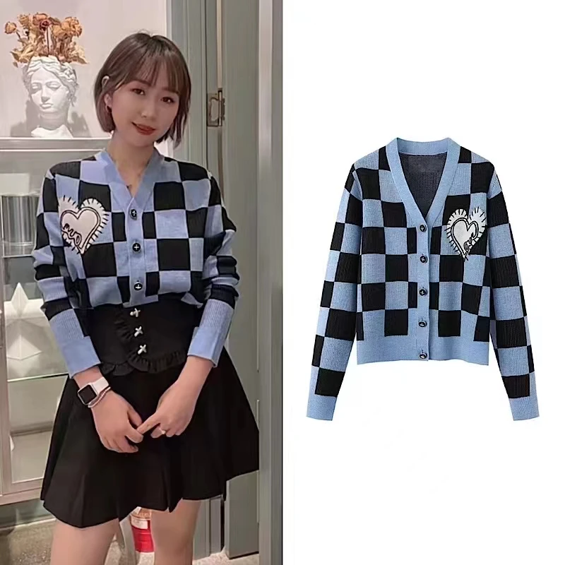 

Colorblock Plaid V-neck Sweater 2022 Autumn New Women's All-match Long-sleeved Loose Cardigan Golf Sports Jacket 골프 스웨터