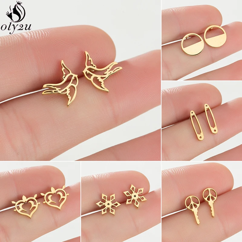 

Korean Cute Swallow Earings Fashion Jewelry Golden Stainless Steel Pins Round Key Heart Earrings Snowflake Ear Studs Wholesale