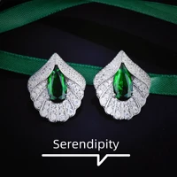 foydjew luxury new 925 silver fan shaped stud earrings womens water drop emerald earrings noble elegant diamond ear accessories