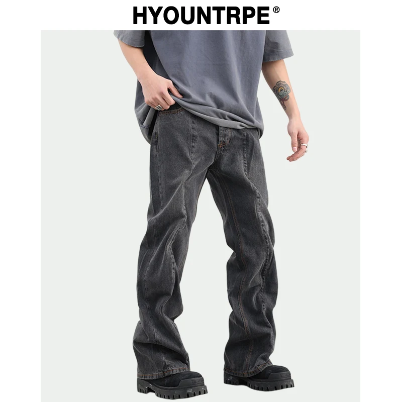 Contorted Fold Design Denim Jean Pants Men Straight Biker Jeans Trousers 2023 Fashion Motorcycle Unisex Hip Hop Pants Y2k Pants