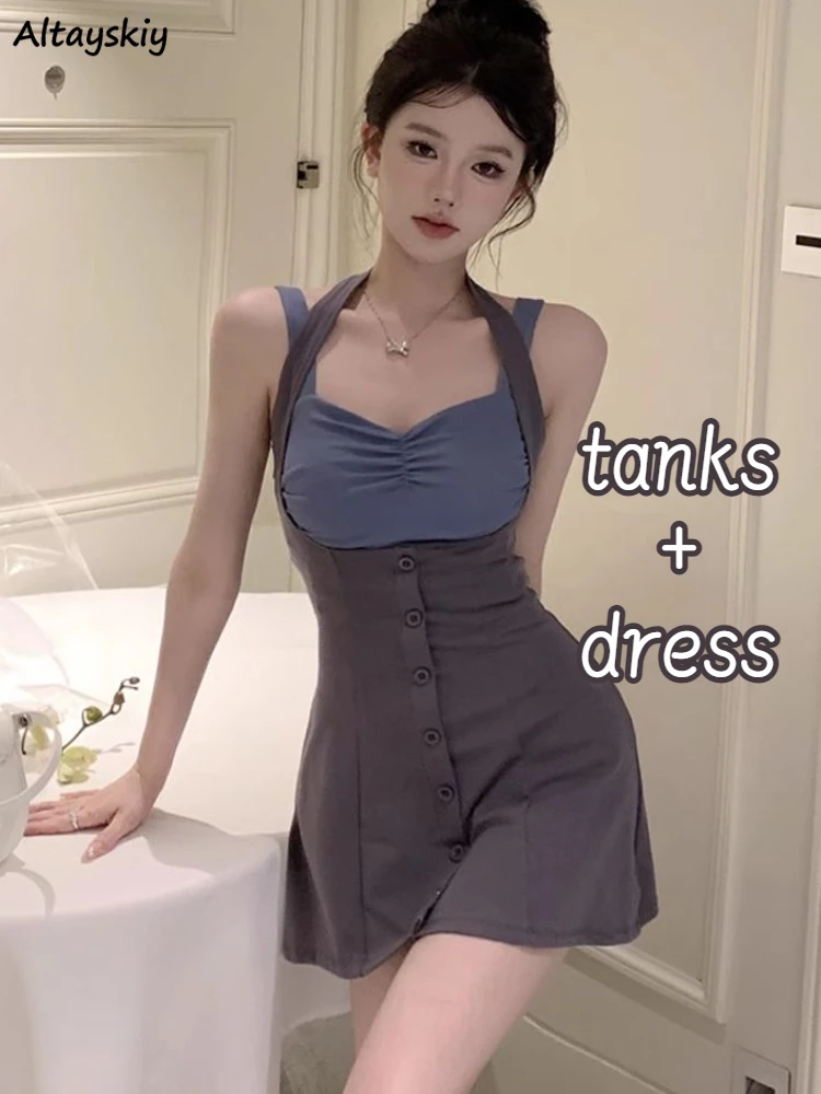 

Sets Women 2 Pcs Hotsweet Folds Cropped Tanks Summer Street Y2k Gentle Halter Designed Backless Mini Dress Chic Clubwear Outfit