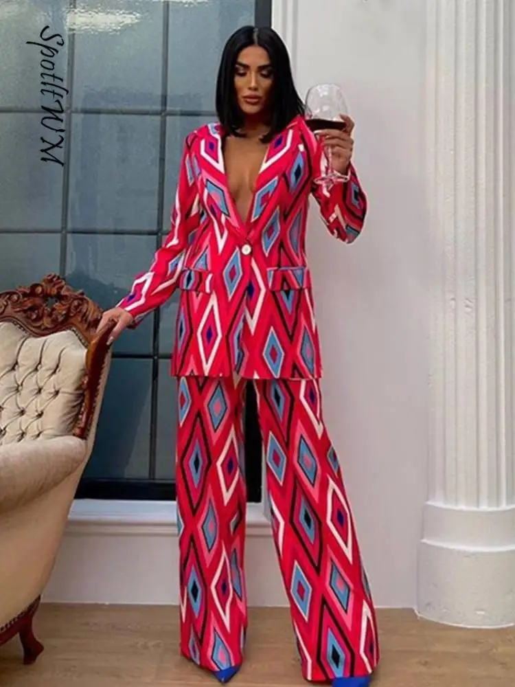 

Geometry Printed Casual Shirt Pant Sets Full Sleeve Turn Down Collar Blouse Loose Suit Women Summer Single Button Pocket Outfits