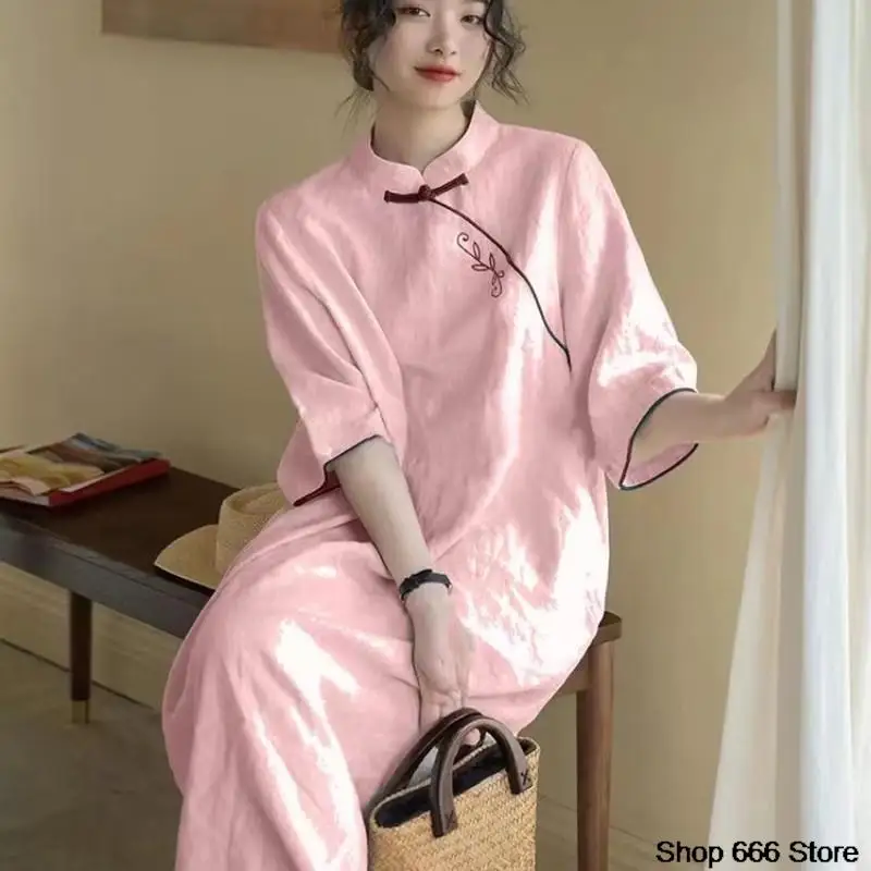 Summer Cotton Linen Dress Women Loose Fitting Robe Retro Embroidery Chinese Style Shirt  Female Tops  Cheongsam 50-90KG Clothes