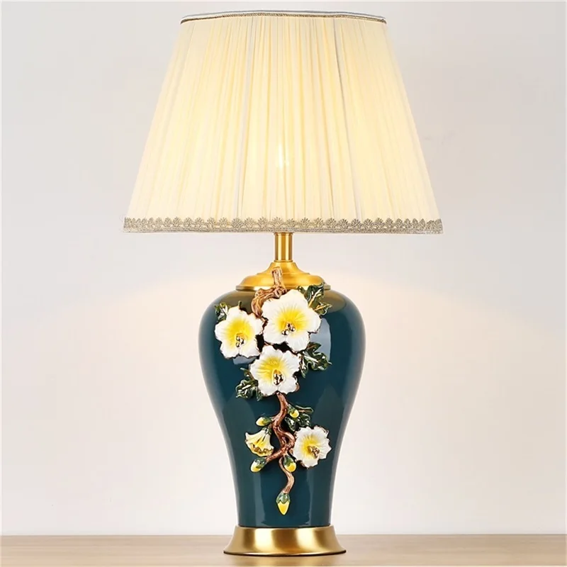 

SAROK Luxury Table Lamp Ceramic Bedside LED Desk Lamp Green Copper Decoration Living Room Bedroom Library Study Office