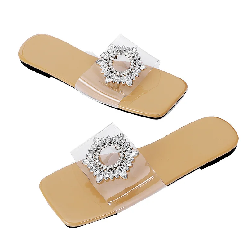 Europe and the United States large size sexy low-heeled slippers women's square head summer new rhinestone crystal slippers