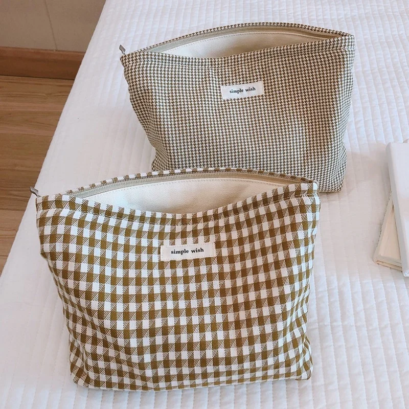 

Houndstooth Makeup Cosmetic Bag For Women Cotton Plaid Cosmetics Organizer Large Lady Toilet Bags Kit Beauty Make Up Brush Case
